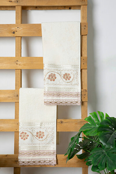 FAVORA 100% Cotton Guipure Bridal Towel Set of 2 50X90 - Powder