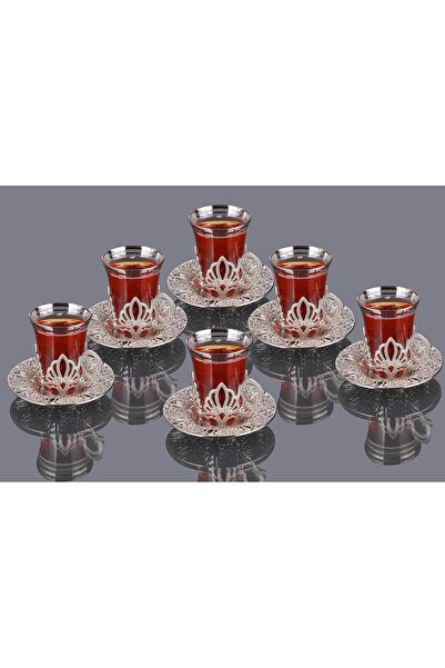 BUSEM Ahu 6 Kişilik 18 Parça Gümüş Renkli Dekoratif Çay Seti