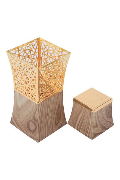 ALSAIF Steel Incense Burner Set 10X10X20 Cm Islamic Pattern With Incense Box Gold