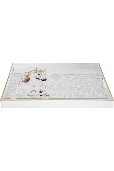ALSAIF صندوق بلاستيكي مستطيل الشكل بنقشة حصان ذهبي مقاس 48×35×4 سم، كريمي