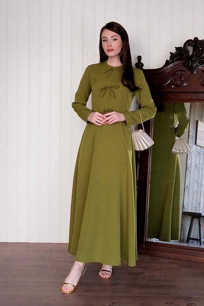 Ceylan Otantik Oil Green Bow Detail Dress