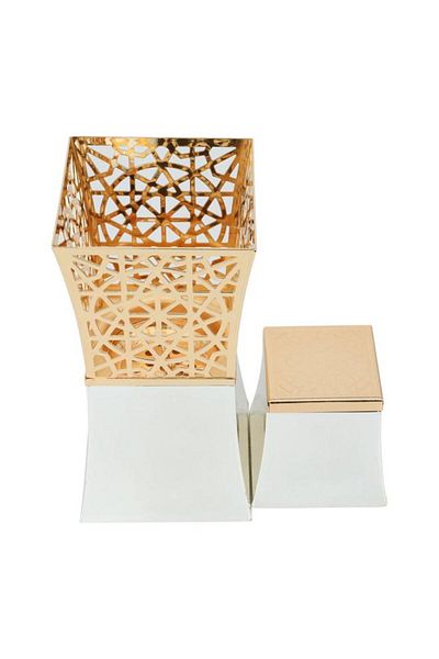 ALSAIF طقم مبخرة مع صندوق بخور من الفولاذ 10×10×20 سم، ذهبي وأبيض