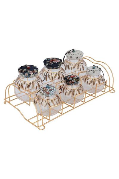 ALSAIF Glass Spice Jar Set 7 Pieces Lid Gold Colored Stand