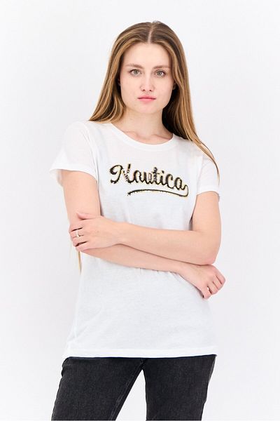 Nautica Women Crew Neck Short Sleeves Brand Logo T-shirt, White