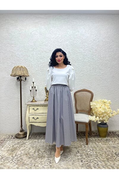KÜÇÜĞÜM BUTİK Polka Dot Gray Color Flared Poplin Skirt