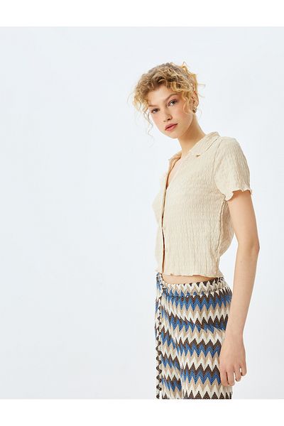 Koton New Season Buttoned Shirt Collar Textured Short Sleeve Blouse Wrap