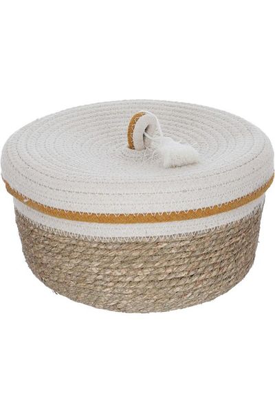 ALSAIF Wicker Baskets Set 27X27X16 / 22X22X13 / 19X19X10 Cm Deep Circular With White Cover 3 Pieces Beige