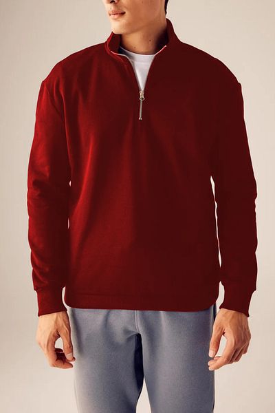 ruNadeS Burgundy Regular Fit Sweatshirt - Stand Collar, Zip-Up, 3 Thread Raster