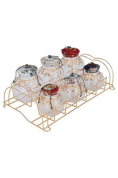 ALSAIF Glass Spice Jar Set Lid 7 Pieces Colored With Golden Stand
