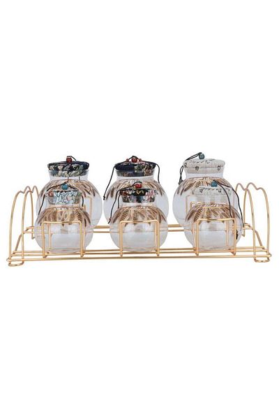 ALSAIF Glass Spice Jar Set 7 Pieces Lid Gold Colored Stand