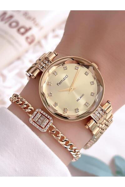 Ferrucci ساعة يد نسائية مقاومة للماء بطول 30 متر - حبل فولاذي، مضاد للتشويه، مضاد للألوان، وسوار BFC.03354.4