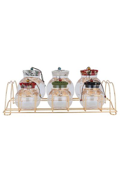 ALSAIF Glass Spice Jar Set With Golden Stand 7 Pieces Colored