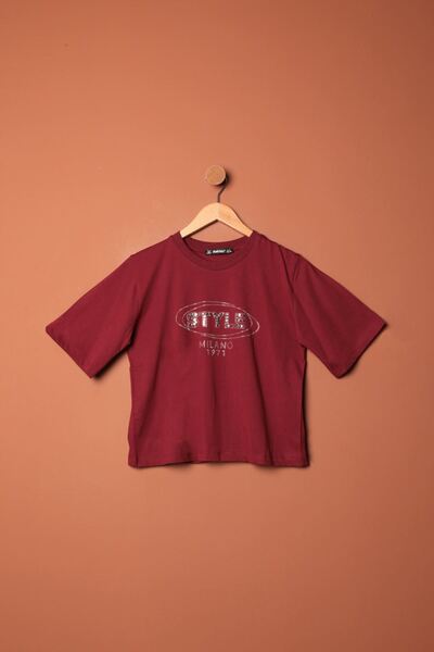 FTT SHOPPING MARKET Single Jersey Fabric Stone Detailed Women's T-Shirt-Burgundy
