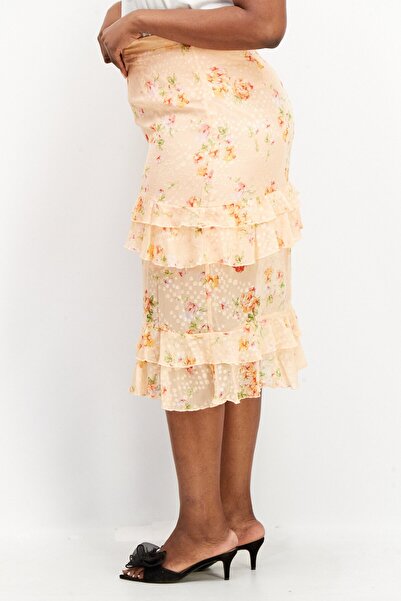 Dark Pink Women Ruffle Detail Allover Print Midi Skirt, Orange Combo