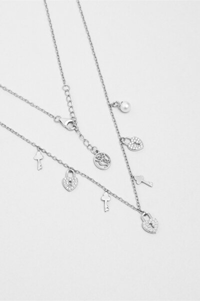 So CHIC... Aşk Kilidi 18 Ayar Beyaz Altın Kaplama 45 Cm Gümüş Kolye