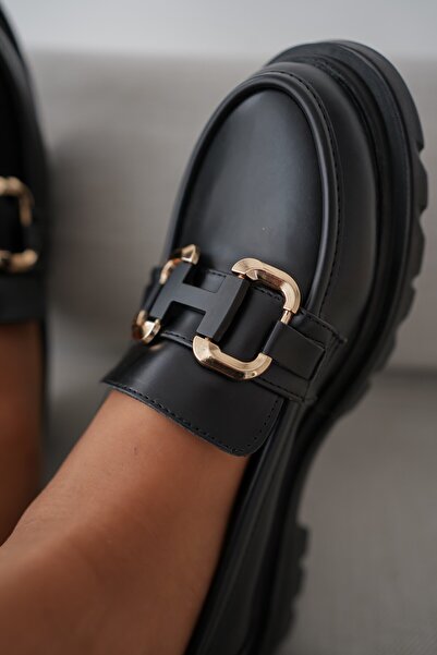 selin shoes Аксесоар със златна катарама Черна дамска мокасина с лента от рафия