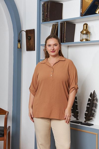 RMG Plus Size Camel Blouse - Shirt Collar and Sleeve Detail