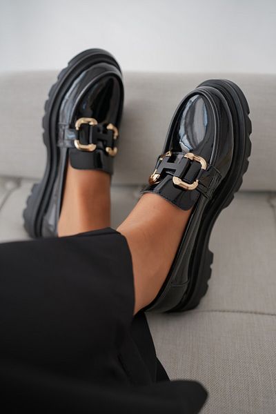 selinshoes Black Patent Leather Women's Loafer with Gold Buckle Accessories - Band Detail
