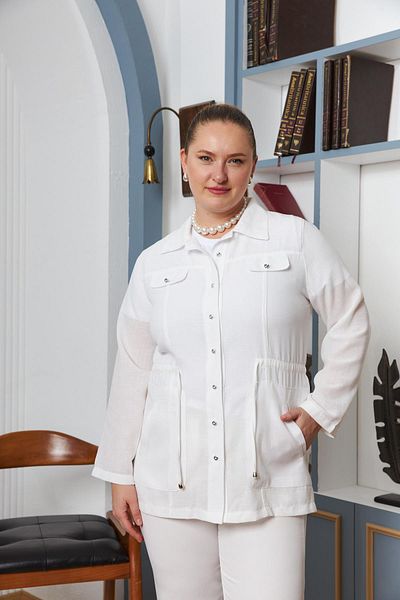 RMG Large Size White Linen Jacket with Waist Lace Detail