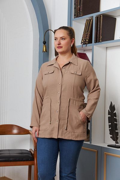 RMG Women's Rmg Waist Lace-Up Detailed Shirt Collar Large Size Linen Jacket