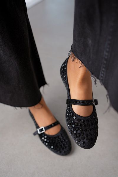 selinshoes Caren Black Velvet - Women's Ballerinas with Glitter Staple Detail and Ankle Tie