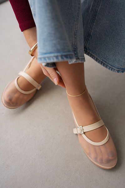 selinshoes Melon Oval Toe Tulle Detailed Women's Flat Shoes - Ekru