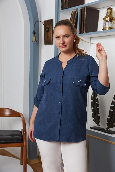 RMG Plus Size Indigo Shirt - Pocket Cover and Stone Detail