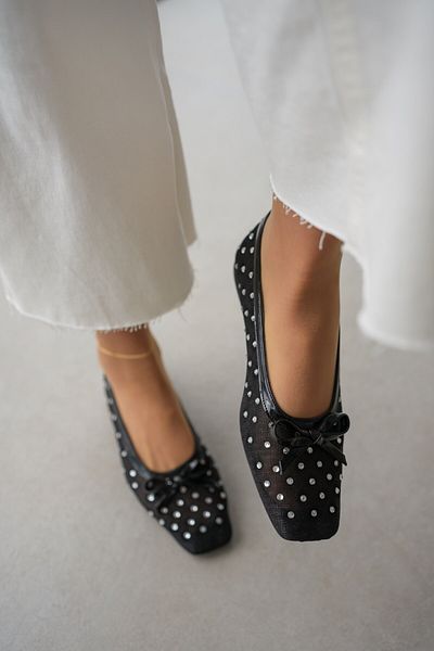 selinshoes Hera Lace Detailed Silver Sequin Embroidered Bow Women's Ballerinas - Black