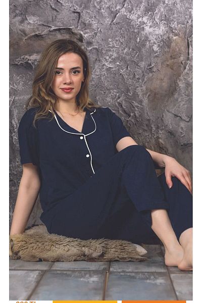 Sude HOMEWEAR Дамски пижамен комплект с къс ръкав и тъмносиня риза Ercan
