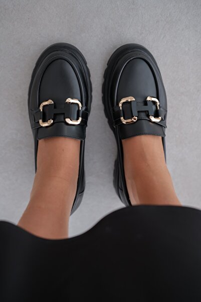 selin shoes Аксесоар със златна катарама Черна дамска мокасина с лента от рафия