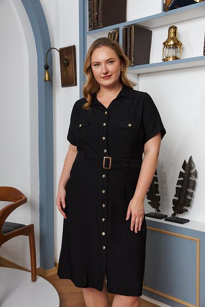 RMG Plus Size Black Dress - Belt and Pocket Detail, Buttoned, Short Sleeve