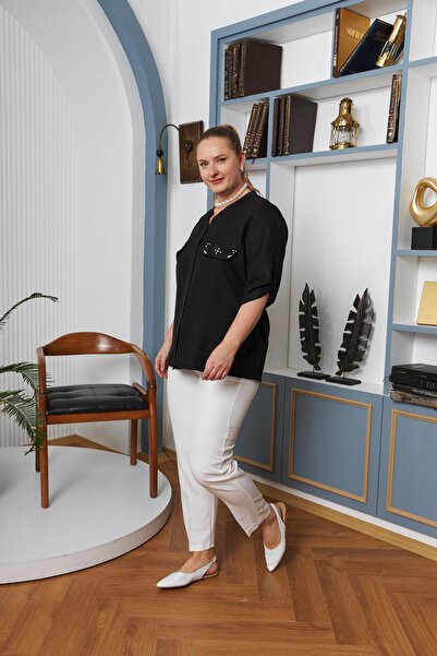 RMG Large Size Black Shirt with Pocket Cover Stone Detail