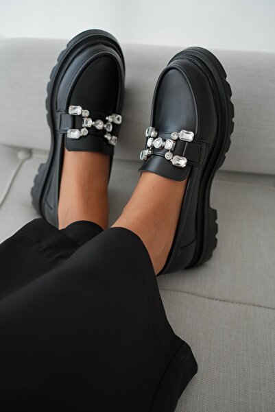 selin shoes Жіночі мокасини Sare на низькій підошві з кам'яними деталями - ЧОРНИЙ