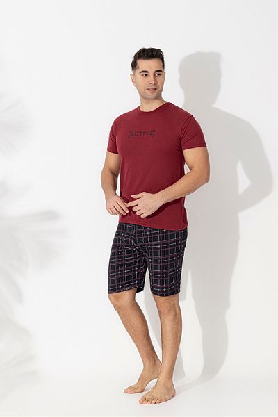 Sude HOMEWEAR Men's Short Sleeve-Shorts Bottom Checked Basic Pajama Set