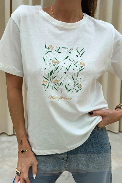 Qaju Жіночий футболка з коротким рукавом з квітковим принтом (T-shirt)