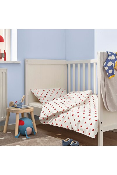 erorex Duvet cover 1 pillowcase for cot, heart pattern/white red, 110x125/35x55 cm