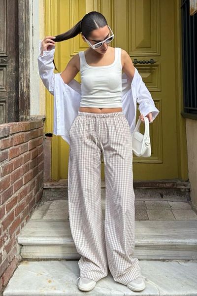 Madmext Beige Gingham-Damenhose mit weitem Bein Mg2335