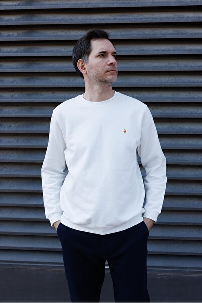 ACC WEAR Premium Sıfır Yaka Sweatshirt Beyaz %100 Pamuk