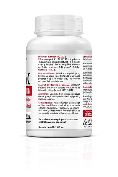 ZENYTH Vitamin C Premium 60 capsules, with Pomegranate, Resveratrol and Bioflavonoids, 1000 mg/capsule, ZENYTH