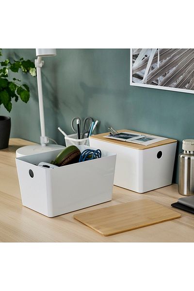 erorex Box with lid, white/bamboo, 18x26x15 cm