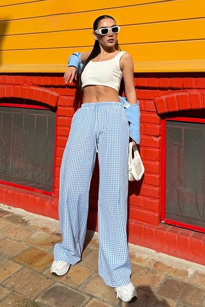 Madmext Blaue Gingham-Damenhose mit weitem Bein Mg2335