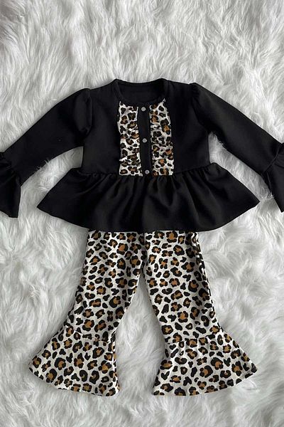Bertuğ Bebek Black Leopard Girl Child Baby Top and Bottom Set