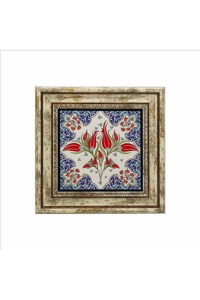 Sadrazam Ottoman Iznik Tile Pattern Printed Natural Stone Painting 25X25 Kd-39