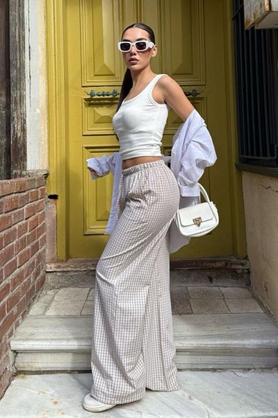Madmext Beige Gingham-Damenhose mit weitem Bein Mg2335