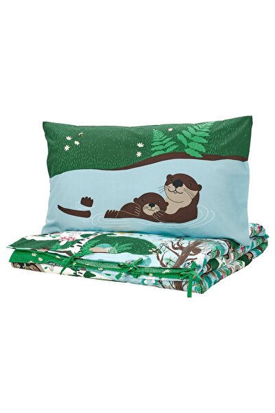 AZOZ MERCHLY Duvet cover and pillowcase, blue green/forest pattern, 150x200/5...