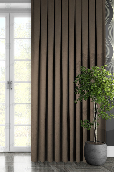 MARİTSA سلسلة مخملية مزخرفة باللون البني الفاتح ذات ثنيات ضيقة (1x3) ستارة خل...