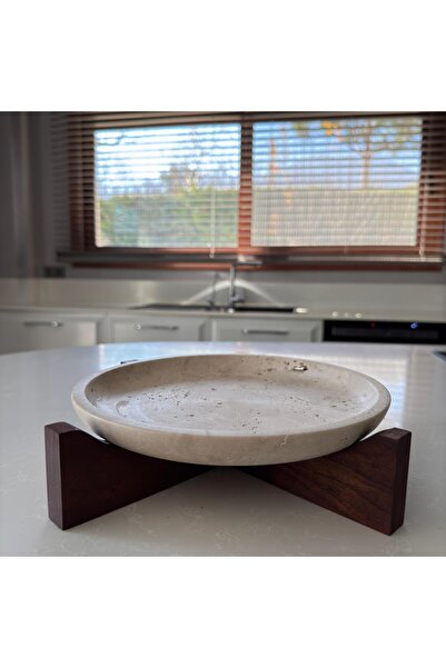 LİSPERA Luxury Mermerev Decor - Walnut, Travertine Marble Presentation Bowl with Wooden Legs