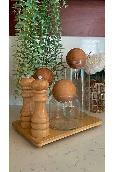 Bade Home Set of 3 Wooden Ball Cork Lid Glass Jars, Sugar Bowl, Snack Bowl, Seasoning Bowl and Storage Container
