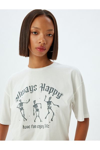 Koton ecru Oversized Printed T-Shirt