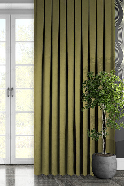 MARİTSA سلسلة مخملية مزخرفة باللون الأخضر الزيتي ذات ثنيات ضيقة (1x3) ستارة خ...